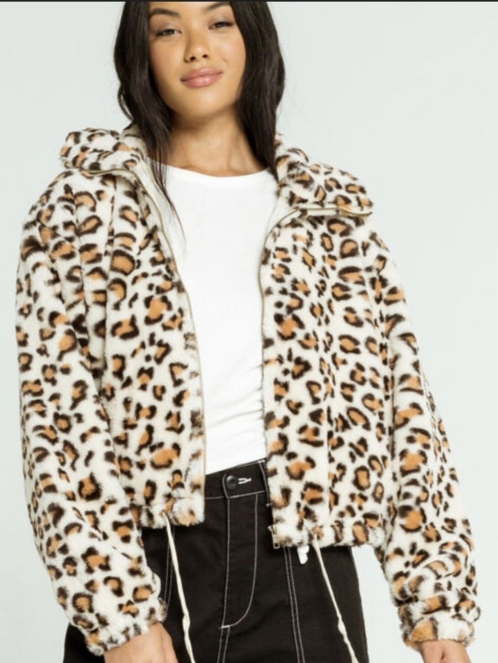 Leopard Print Faux Fur Cropped Jacket